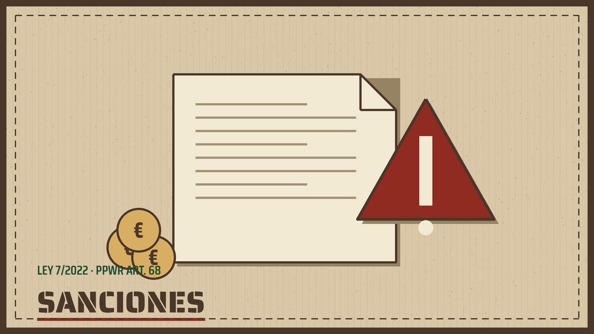 Documento con un triángulo rojo de advertencia y monedas de euro, ilustración del artículo sobre sanciones del PPWR en España
