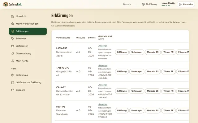 Erklärungen — ConformaPack-Panel auf Deutsch