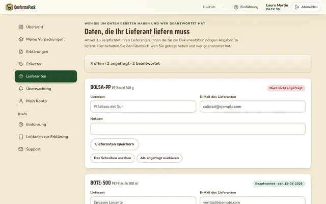 Lieferanten — ConformaPack-Panel auf Deutsch