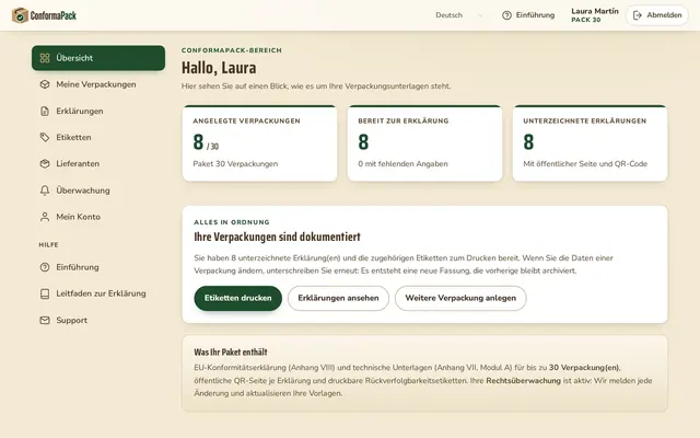 Übersicht — ConformaPack-Panel auf Deutsch