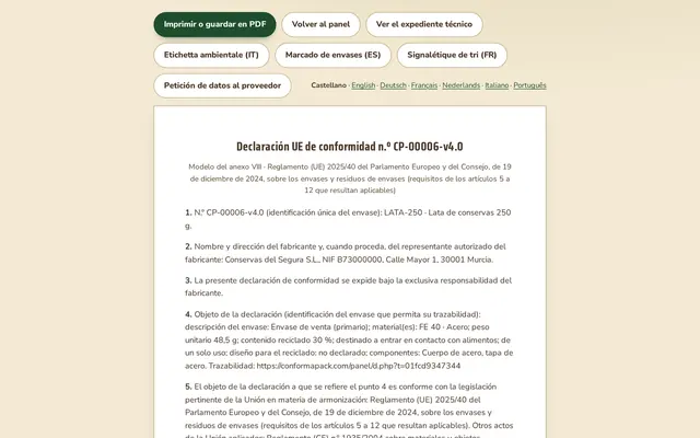 La declaración — panel de ConformaPack en castellano