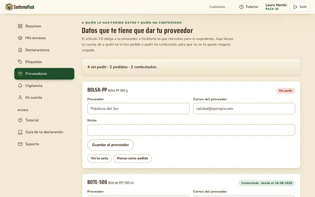 Proveedores — panel de ConformaPack en castellano