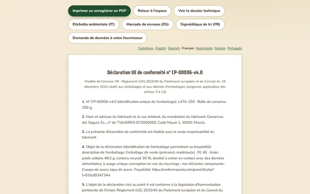 La déclaration — tableau de bord ConformaPack en français