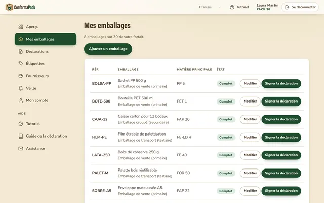 Mes emballages — tableau de bord ConformaPack en français