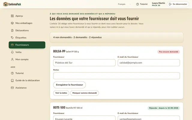 Fournisseurs — tableau de bord ConformaPack en français