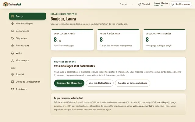 Vue d’ensemble — tableau de bord ConformaPack en français