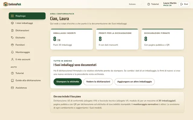 Riepilogo — pannello ConformaPack in italiano