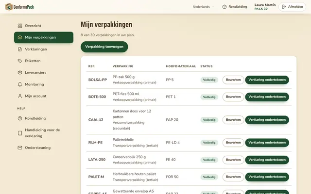 Mijn verpakkingen — ConformaPack-dashboard in het Nederlands