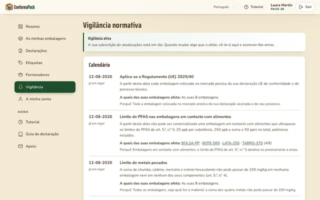 Vigilância — painel ConformaPack em português